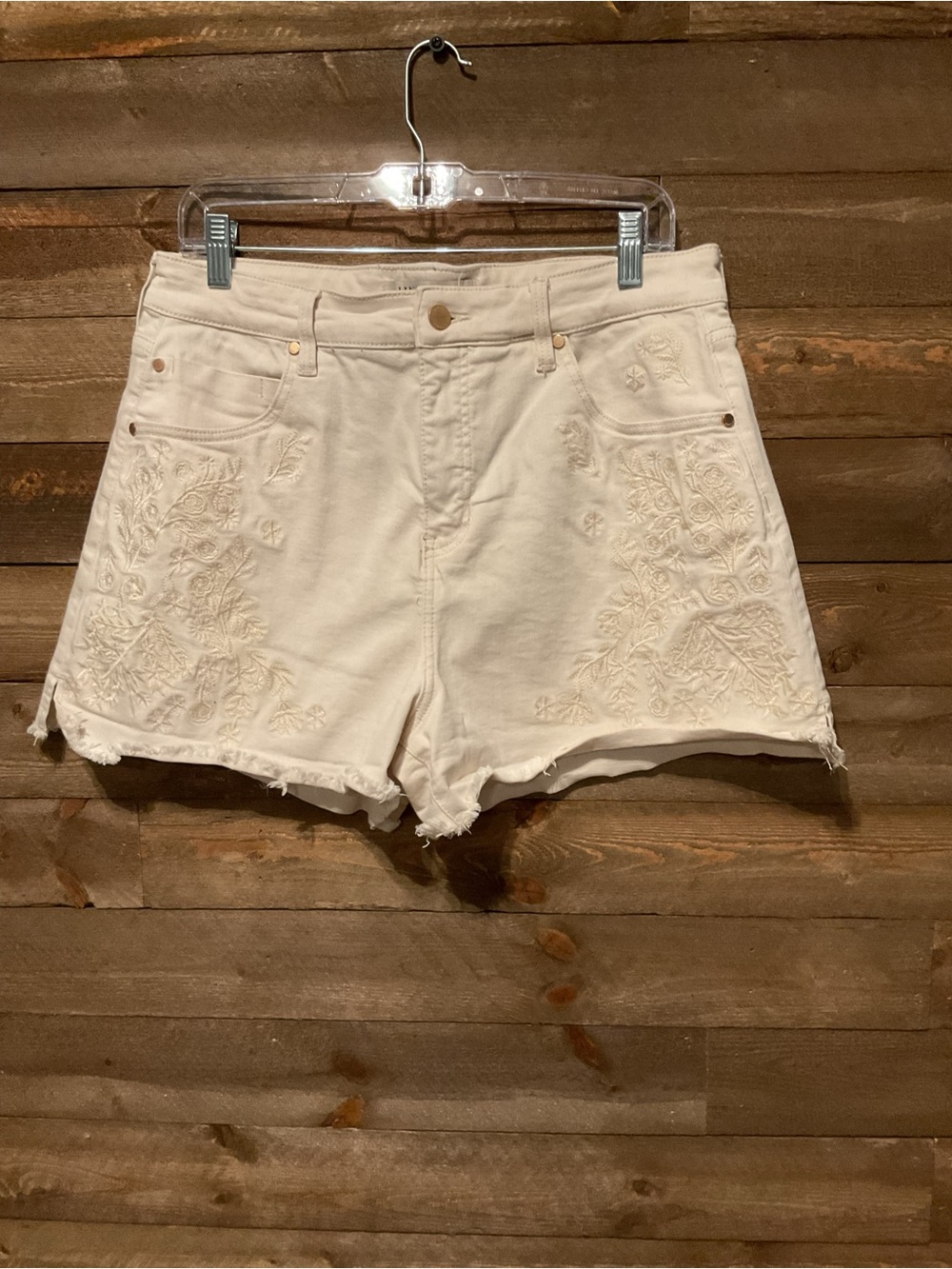 Liverpool Tan Denim Floral Embroidered Cut Off Shorts Size 14/32